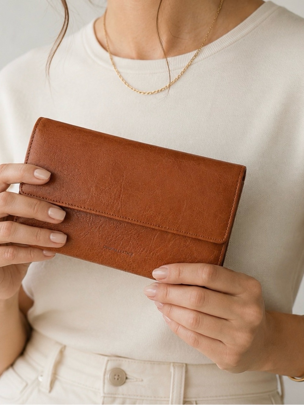 Hato Hasi Genuine Leather Brown Cognac Foldover Wallet Clutch Organizer